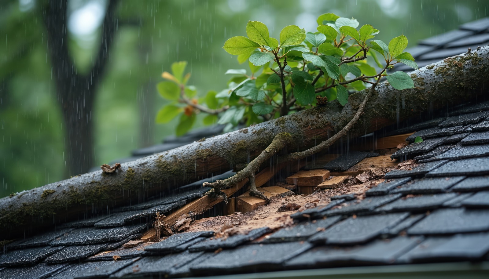 Storm damaged roof with fallen tree